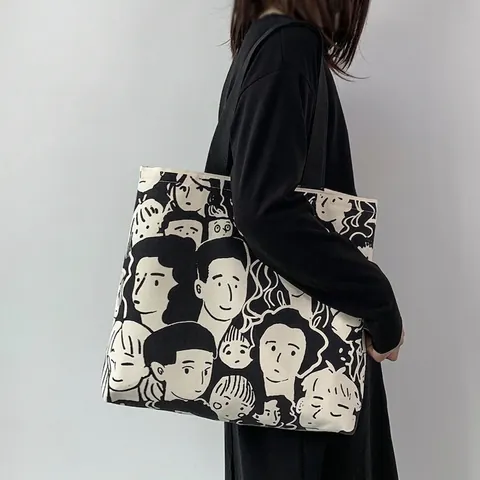 Canvas Tote Bag Voor Dames Grote Capaciteit Cartoon Print Schoudertas Handtas Literaire Stijl Casual Shopping Bag