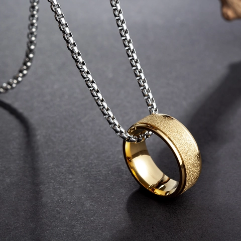 Minimalist Stainless Steel Necklace With Matte Gold Ring Pendant Geometric Fashion Jewelry For Men And Women