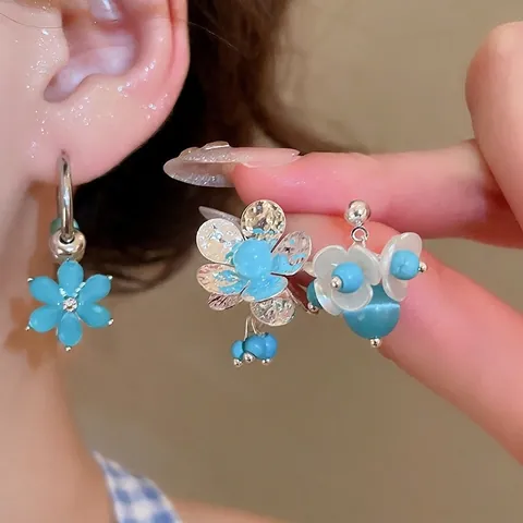 Flower Necklace And Earrings Copper With 925 Sterling Silver Earring Post Turquoise Stone Rhinestone Floral Tassel Women