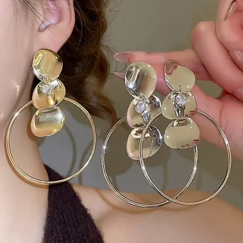 Grote Hoop Oorbellen Met 925 Sterling Zilveren Oorsteker Onregelmatige Metalen Schijfjes Zirkoon Accent Modern Sieraden