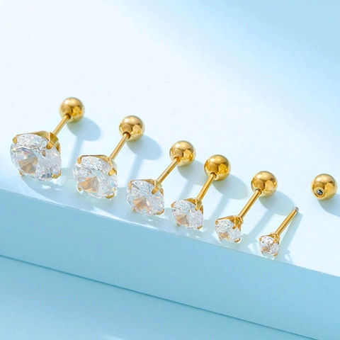 Cubic Zirconia Stud Earrings Stainless Steel Round Four-Claw Crystal Ear Bone Nails Screw Back Ball Unisex Fashion