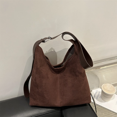 Women Large Capacity Tote Bag Retro Suede PU Leather Commuter Shoulder Handbag With Adjustable Strap Vintage Hobo