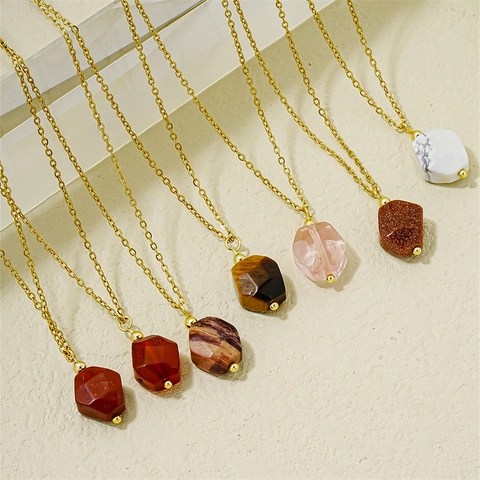 Minimalist Stainless Steel Natural Stone Pendant Necklace For Women Gold Plated Hexagon Gemstone Clavicle Chain Jewelry