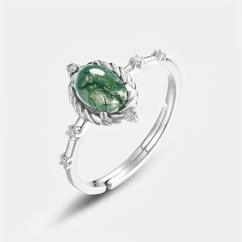 Vintage S925 Sterlingsilber Moosachat Ring Für Damen Naturgrüner Stein Strass Eingelegt Verstellbarer Fingerschmuck