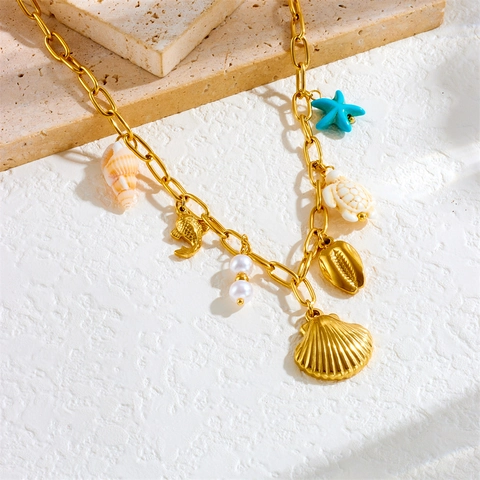 Vergulde Roestvrijstalen Oceaan Thema Ketting Met Schelp Zeester Schildpad Vis Hangers Kunstparels Zomer Strand Sieraden