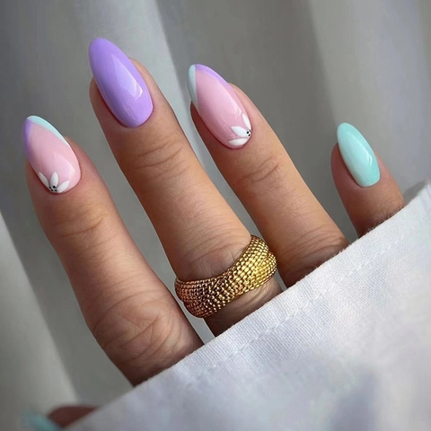Press On Nails Almond Shape Glossy Full Cover Flower Pattern Lavender Purple Pale Pink Mint Blue Elegant Cute For Women