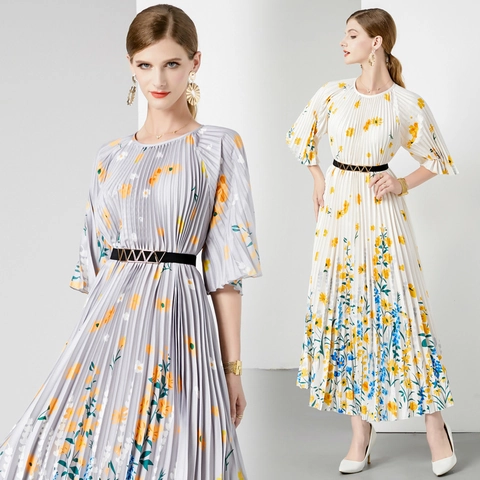 Elegantes Damen Plissee Midi Kleid Mit Blumendruck Rundhals Halbe Trompetenärmel Hohe Taille Mit Gürtel Lässige Mode