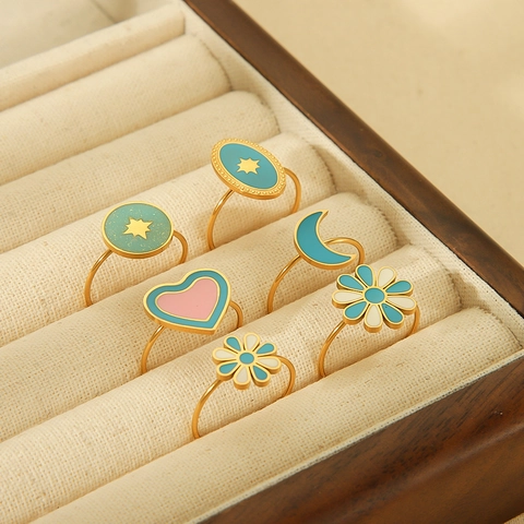 Open Ring Stainless Steel Gold Plated Enamel Adjustable Bohemian Heart Flower Star Moon Vintage Jewelry For Women