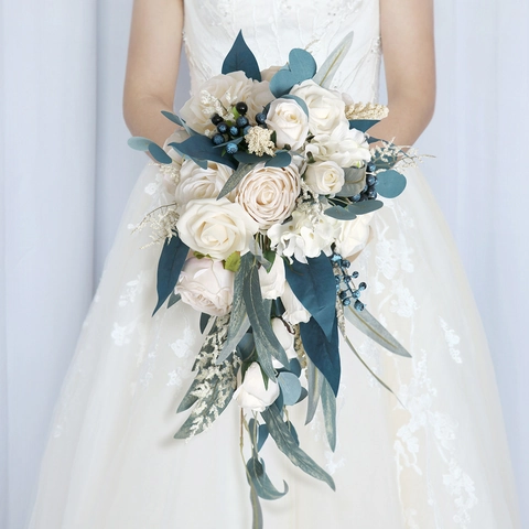 Künstlicher Brautstrauß Satin Weiße Rose Blaue Eukalyptus Wasserfall Kaskade Stil Hochzeit Blumen Fotografie Requisite