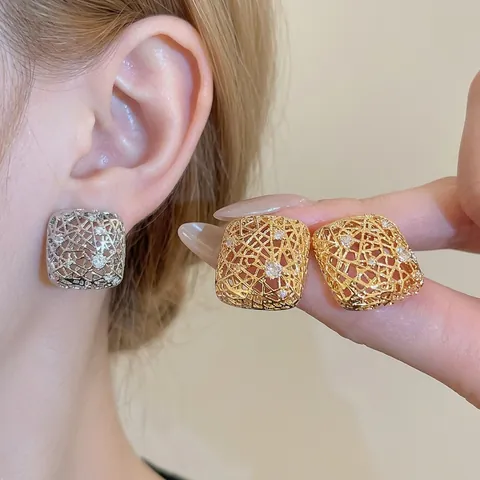 Square Hollow Stud Earrings Zircon Copper With Silver Earring Post Luxury Geometric Aesthetic For Women