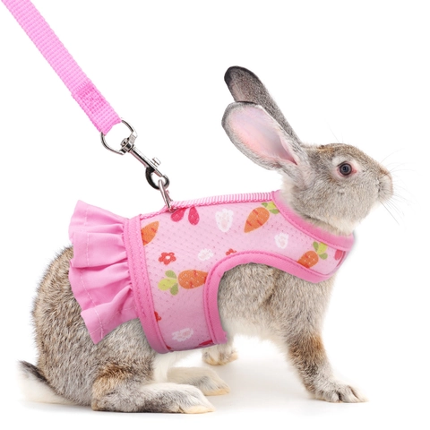 Rabbit Harness And Leash Polyester Breathable Mesh Adjustable Vest Ruffle Edge Carrot Print For Bunny Guinea Pig Small Animal