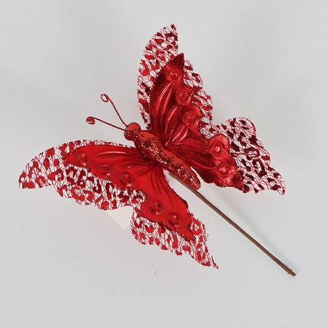 Glitter Butterfly Christmas Decoration With Support Rod 3D Double Layer Hollow Out Floral Ornament For Christmas Tree Home Party Decor