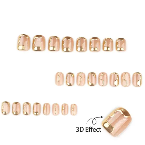 Elegantes Uñas Postizas Champán Nude Purpurina Con Líneas Metálicas Doradas Forma Cuadrada Corta Para Mujeres