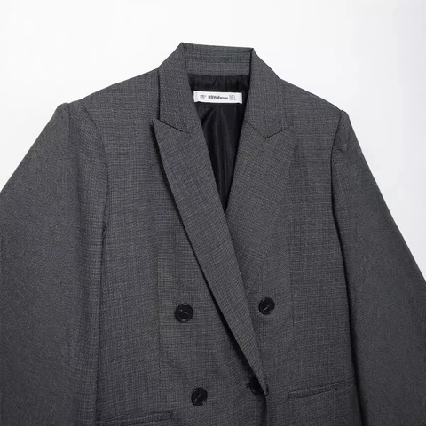Double Breasted Blazer En Broek Met Wijde Pijpen Zakelijke Commuter Grijs Getextureerde Elegante Formele Werkkleding Pakken Voor Dames