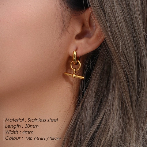 Orecchini a Cerchio in Acciaio Inossidabile con Barra a T Design Geometrico Minimalista Placcato Oro 18K Gioielli Donna