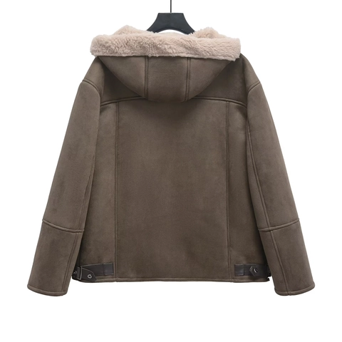 Giacca Motociclista Cappuccio Scamosciato Donna Foderata Sherpa Ampia Calda Cappotto Invernale Ecopelle Marrone Casual