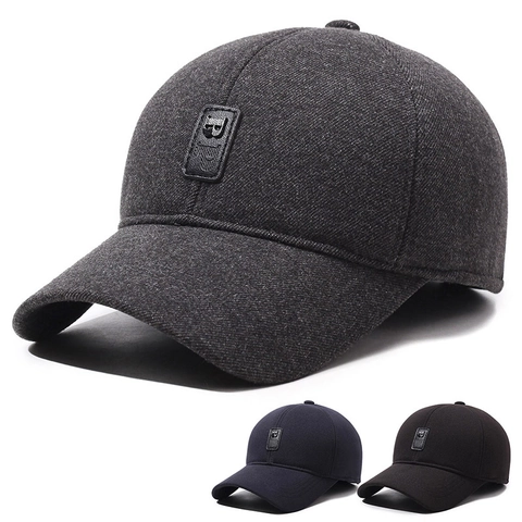 Men Winter Baseball Cap Woolen Felt Fleece Lined Warm Ear Flaps Windproof Outdoor Hat Adjustable Casual Classic Style