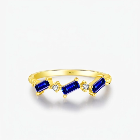 Smaragd Schliff Blau Zirkonia Ring 925 Sterling Silber Vergoldet Geometrischer Vintage Stil Schmuck Für Frauen