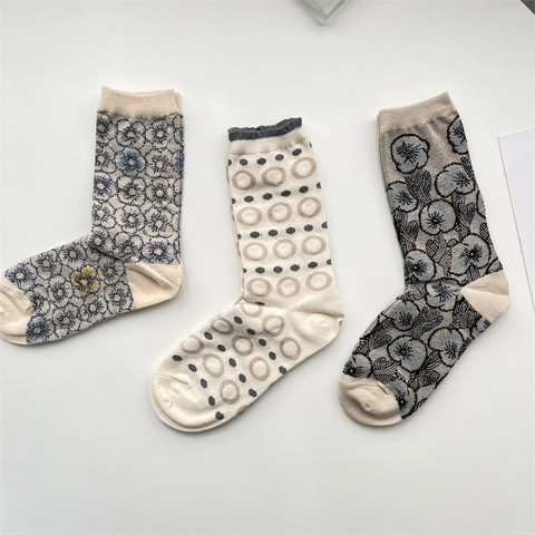 Chaussettes Mi-mollet Femmes Coton Doux Rétro Motif Floral Pois Style Japonais Respirantes Décontractées