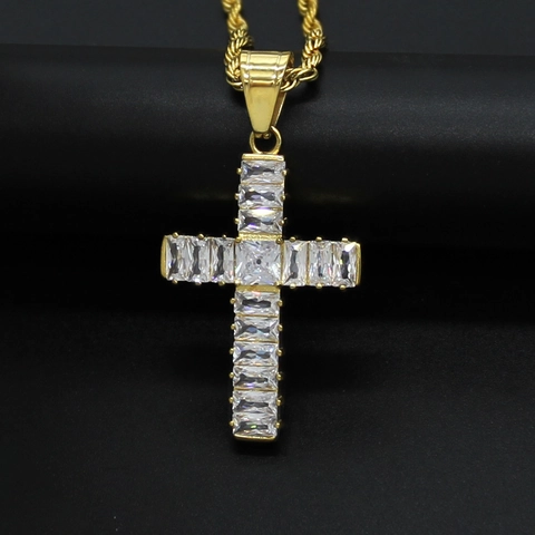 Cross Pendant Necklace With AAA Rectangular Zirconia 316 Stainless Steel Gold Plated Hip Hop Fashion Jewelry