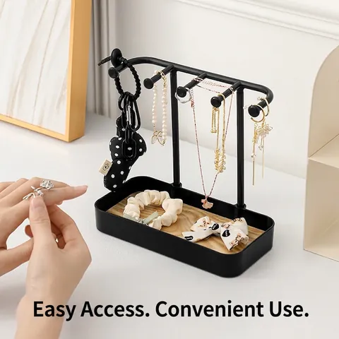 Jewelry Organizer Stand With Wood Grain Tray Hooks Desktop Display Rack For Necklace Earring Rings Minimalist