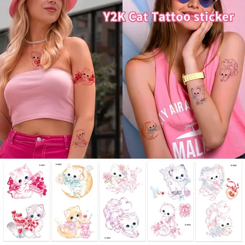 Adesivi Per Tatuaggi Temporanei Gatto Carino Stile Y2K Impermeabile Gattino Cartone Animato Colorato Per Decorazione Corpo Festa