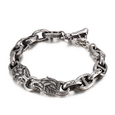 Men Retro Lion Head Stainless Steel Bracelet Punk Rock Heavy Metal Chain Jewelry With T-Bar Clasp