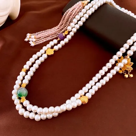 Vintage New Chinese Style Artificial Pearl Necklace With Gold Plated Lotus Pendant Pink Tassel Elegant Long Double Layer Jewelry Women