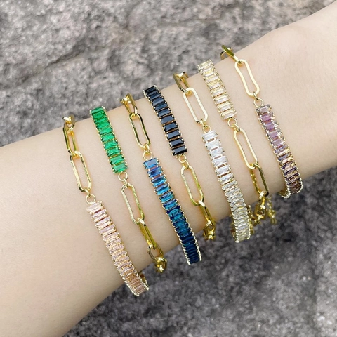 Baguette Cubic Zirconia Splicing Paperclip Chain Bracelet Copper 18K Gold Plated Adjustable Jewelry For Women Elegant