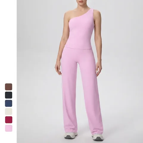 Ein Schulter Yoga Tank Top Und Weite Hose Mit Hoher Taille Nylon Spandex Schnelltrocknend Fitness Workout Sportbekleidung Damen