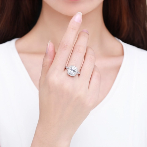 Luxus Rechteckiger Zirkon Ring 925 Sterlingsilber Doppel Halo Verlobung Mode Frauen Funkelnde Hochzeit Elegantes Handschmuck