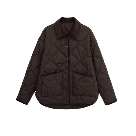 Women Quilted Jacket Lightweight Corduroy Collar Button Down Vintage Casual Outerwear Solid Color