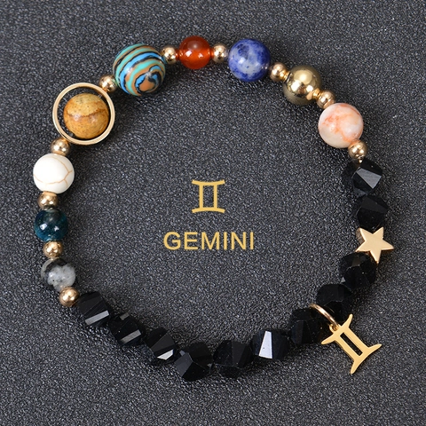 Natural Stone Beaded Bracelet Solar System Galaxy Zodiac Astrology Fashion Alloy Charm Jewelry Unisex