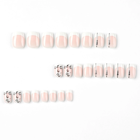 Short Square Press On Nails White French Tips Black Floral Pattern Nude Pink Glossy Artificial False Fingernails