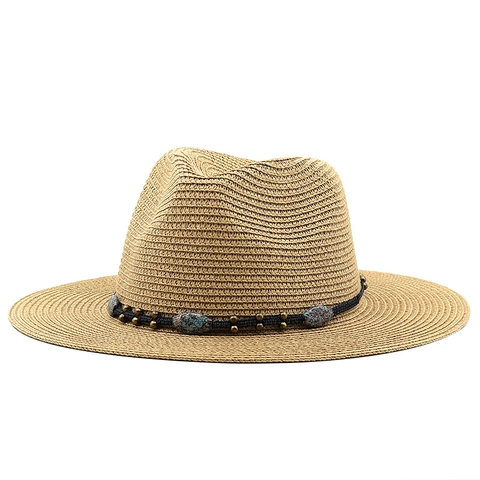 Straw Fedora Hat Summer Sun Protection Beach Sunhat Boho Western Style Decorative Band Feather Beads Women Men