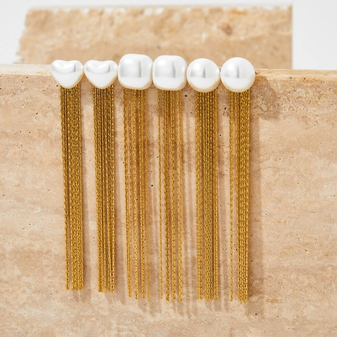 Elegante Lange Kwastjes Oorbellen Van Roestvrij Staal Met Kunstparels In Vierkant Hart En Rond Voor Dames Modeaccessoire