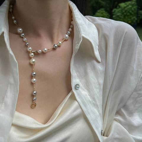 Vintage Mixed Color Artificial Pearl Necklace For Women Elegant Copper 18K Gold Plated Jewelry High Luster Clavicle Chain