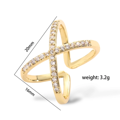 Elegante Anello In Rame Placcato Oro 18K Design Croce A X E Freccia Regolabile Aperto Con Zirconi Micro-Pavé Gioielli Donna