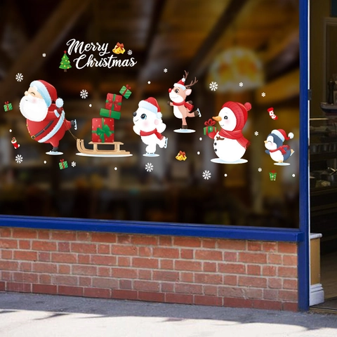 Christmas Window Stickers PVC Waterproof Self Adhesive Santa Claus Reindeer Snowman Glass Door Decor Merry Christmas