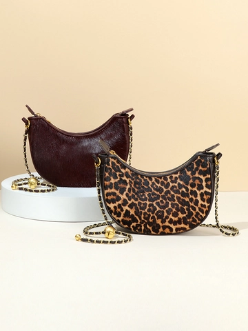 Halve Maan Schoudertas Luipaardprint Imitatiebont Gouden Ketting Crossbody Tas Voor Dames