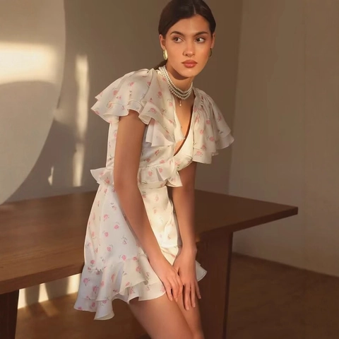 Elegant Women Floral Print V-Neck Ruffle Flutter Sleeve Mini Dress Satin Finish Sweet Summer Party A-Line Sundress