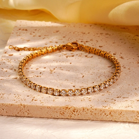 Bracciale Tennis da Donna in Acciaio Inossidabile Placcato Oro 18K con Strass Minimalista Geometrico Tondo Regolabile Gioielli