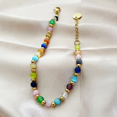 Kleurrijke Kattenoog Steen Kralen Armband Mode Roestvrij Staal Verstelbare Ketting Sieraden Voor Dames