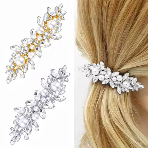 Elegant Alloy Hair Clip With Marquise Rhinestone And Artificial Pearl Shiny Leaf Shape Duckbill Clip For Women Party Wedding