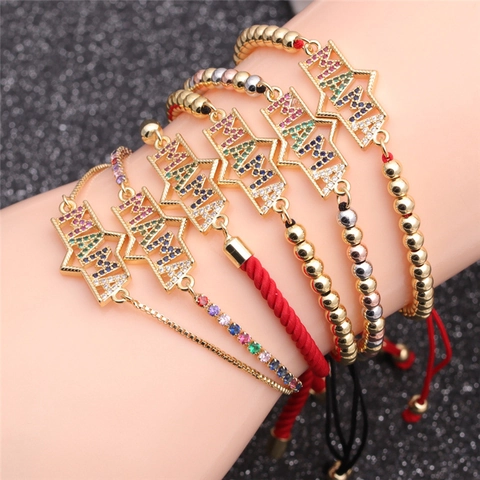 Mama Letter Bracelet Copper Colorful Zircon Micro Pave Adjustable Pull String Jewelry Mother Day Gift Women