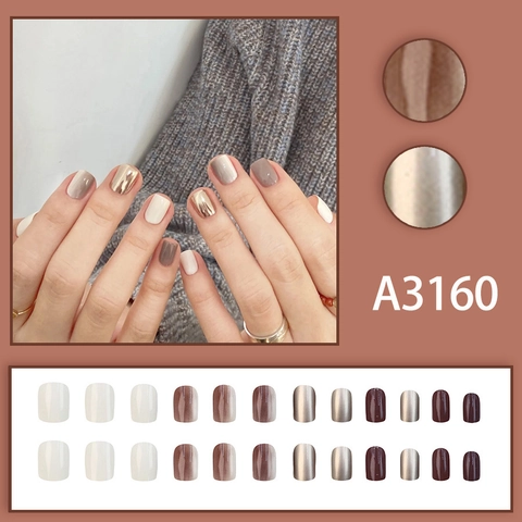 Short Square Press On Nails Metallic Gradient White Brown Minimalist False Nails For Women Daily Wear