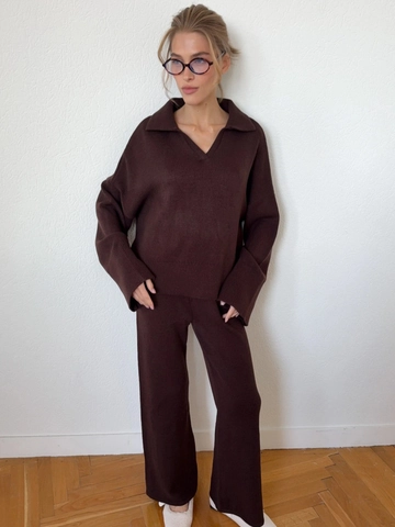 Women Knit Sweater And Pants Cotton Blend V Neck Polo Collar Long Sleeve Wide Leg Solid Color Chic Streetwear Casual Autumn Winter