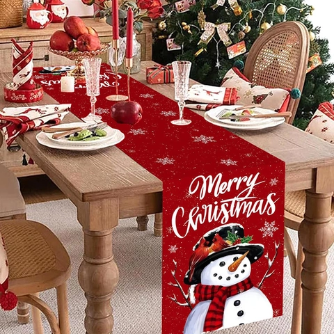 Camino De Mesa Navideño Poliéster Rojo Muñeco De Nieve Copo De Nieve Merry Christmas Decoración De Mesa