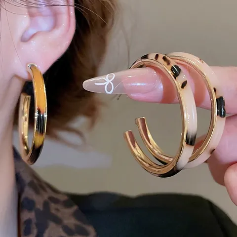 Vintage Leopard Print Acetate Hoop Earrings With 925 Sterling Silver Earring Post Retro C-Shaped Jewelry For Women