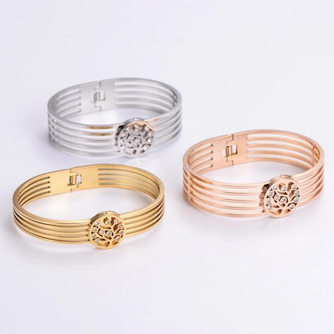 Brazalete Árbol De La Vida Acero Inoxidable 304 Hueco Capas Estrás Joyería Elegante Para Mujer